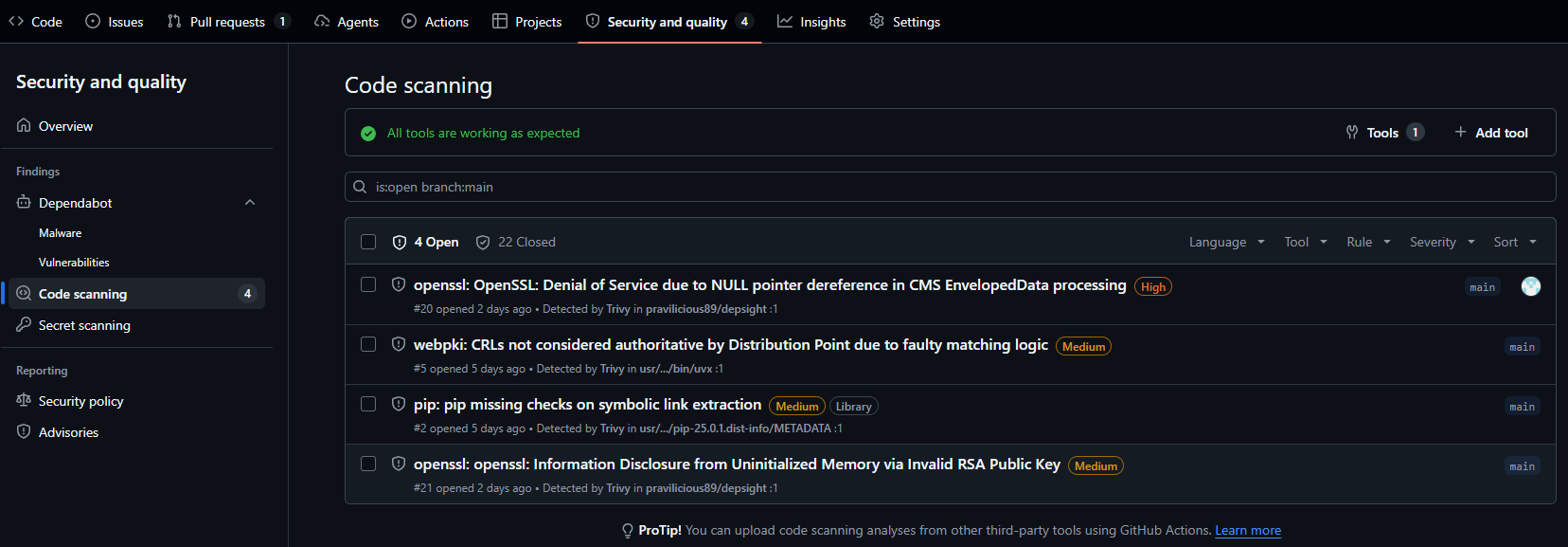 GitHub Security Tab — Code scanning alerts